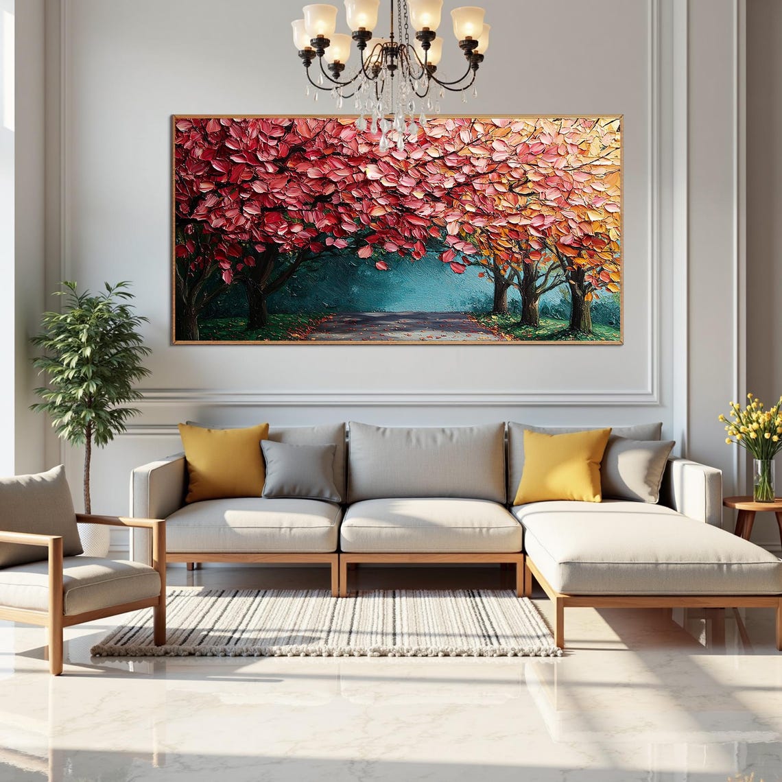 Red Autumn Tree Canopy Path Impasto Fall Landscape Art Poster - Image 4
