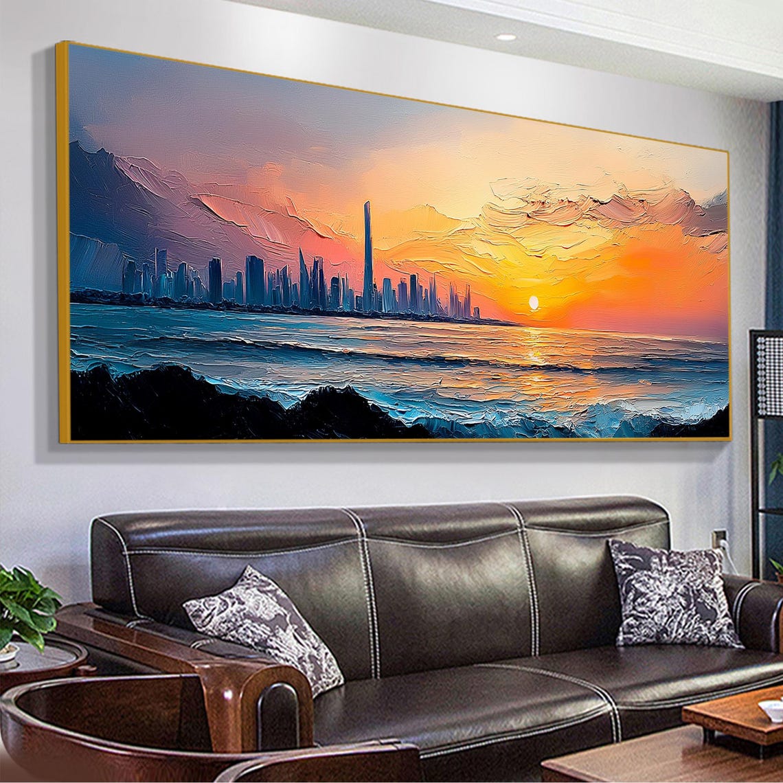 Dubai Skyline Sunset Ocean Burj Khalifa Impasto Cityscape Art Poster - Image 2
