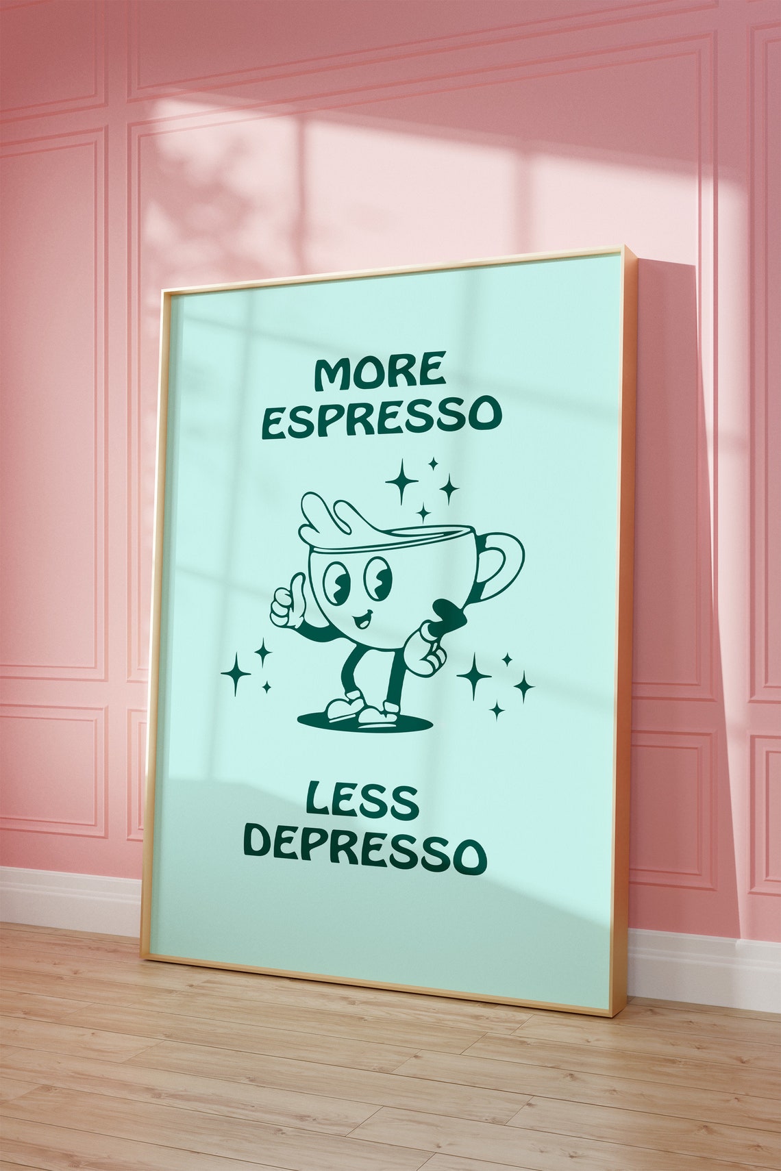 More Espresso Less Depresso Funny Coffee Cup Mascot Quote Poster - Image 5
