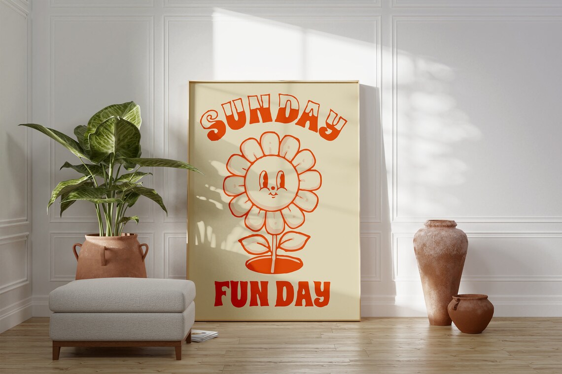 Sunday Fun Day Retro Orange Smiley Flower Quote Decorative Poster - Image 4