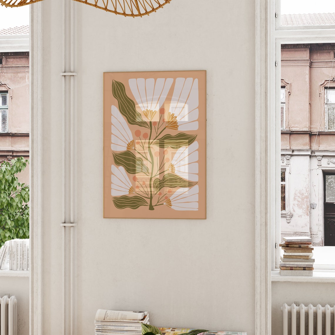 Matisse Style White Floral Botanical Poster on Peach Background - Image 5