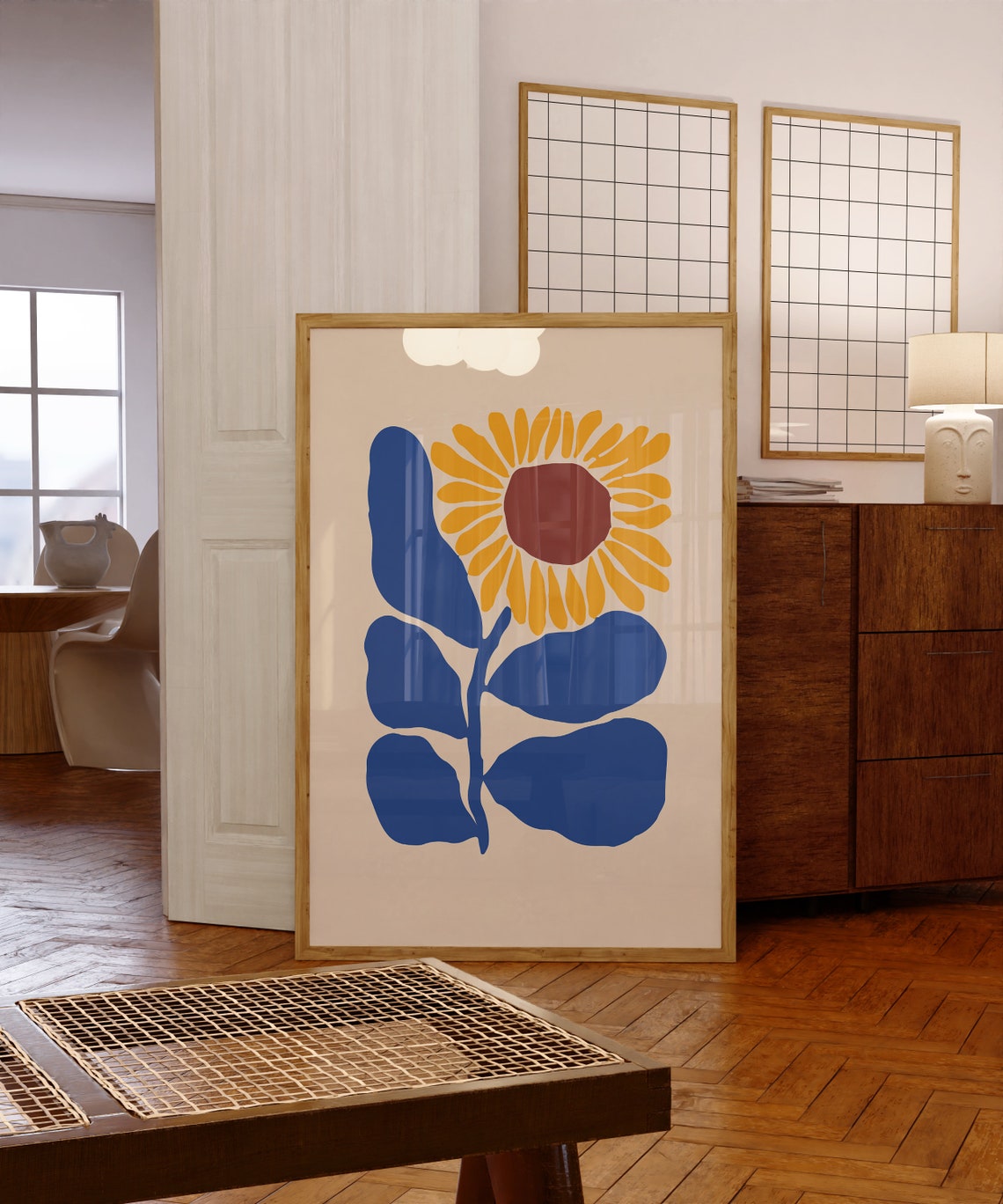 Retro Sunflower Abstract Botanical Print with Bold Blue Leaves - Image 6