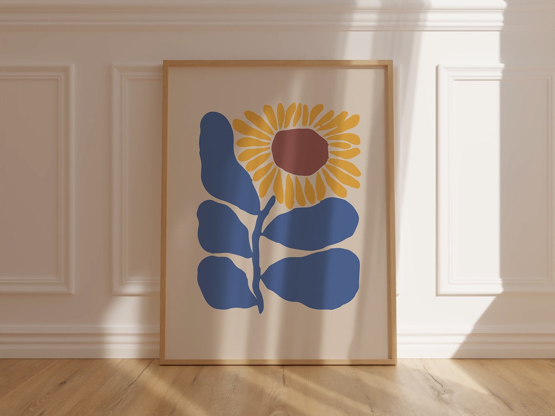 Retro Sunflower Abstract Botanical Print with Bold Blue Leaves - Image 5