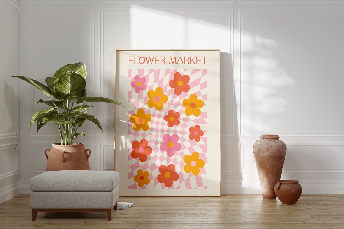 Flower Market Groovy Retro Blossoms Checkered 70s Art Poster - Image 3