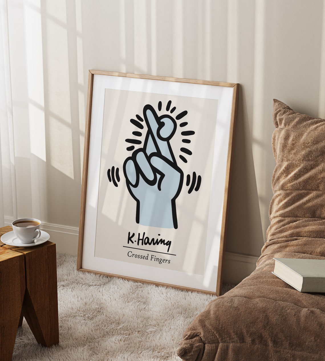 Keith Haring Crossed Fingers Pale Blue Lucky Hand Pop Art Poster - Image 2