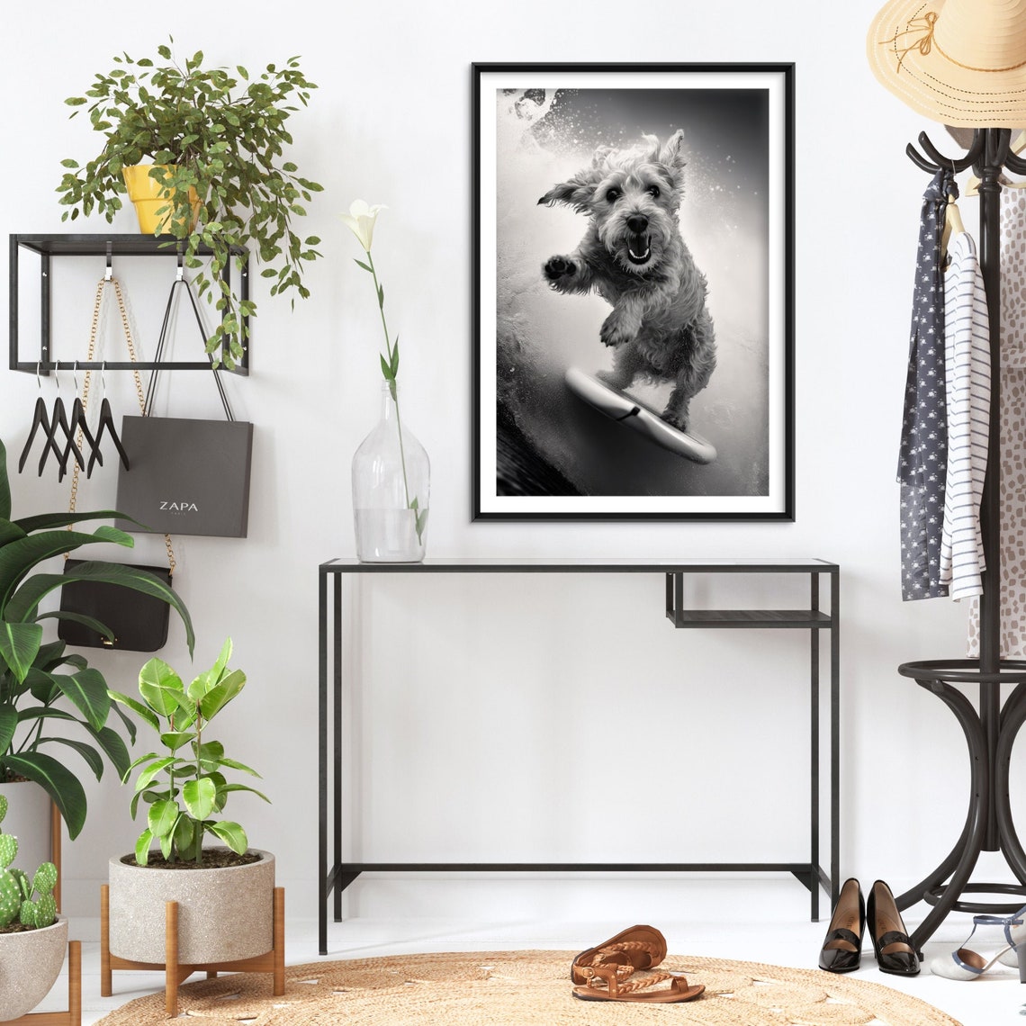 Shaggy Terrier Riding a Surfboard in Black and White Photo Poster - Image 2