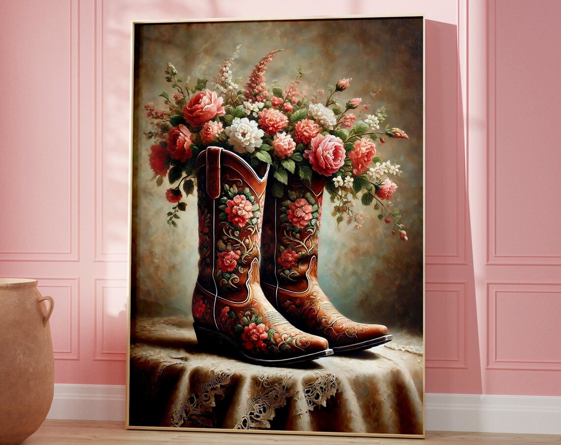 Floral Cowboy Boots Pink Roses Lace Table Vintage Western Art Poster