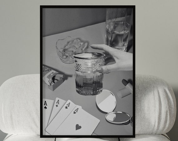 Black And White Cards And Drinks Wall Print Blue Poker Night Cards Drinks Retro Print Large Bar Cart Decor
