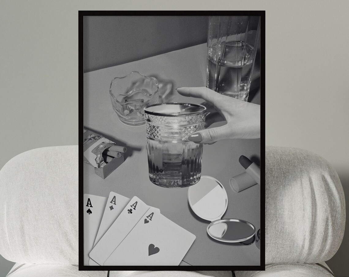 Four Aces Cards and Whiskey Glass Black and White Photo Poster