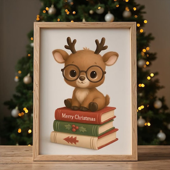 Baby Reindeer With Glasses On Christmas Books Cute Nursery Poster