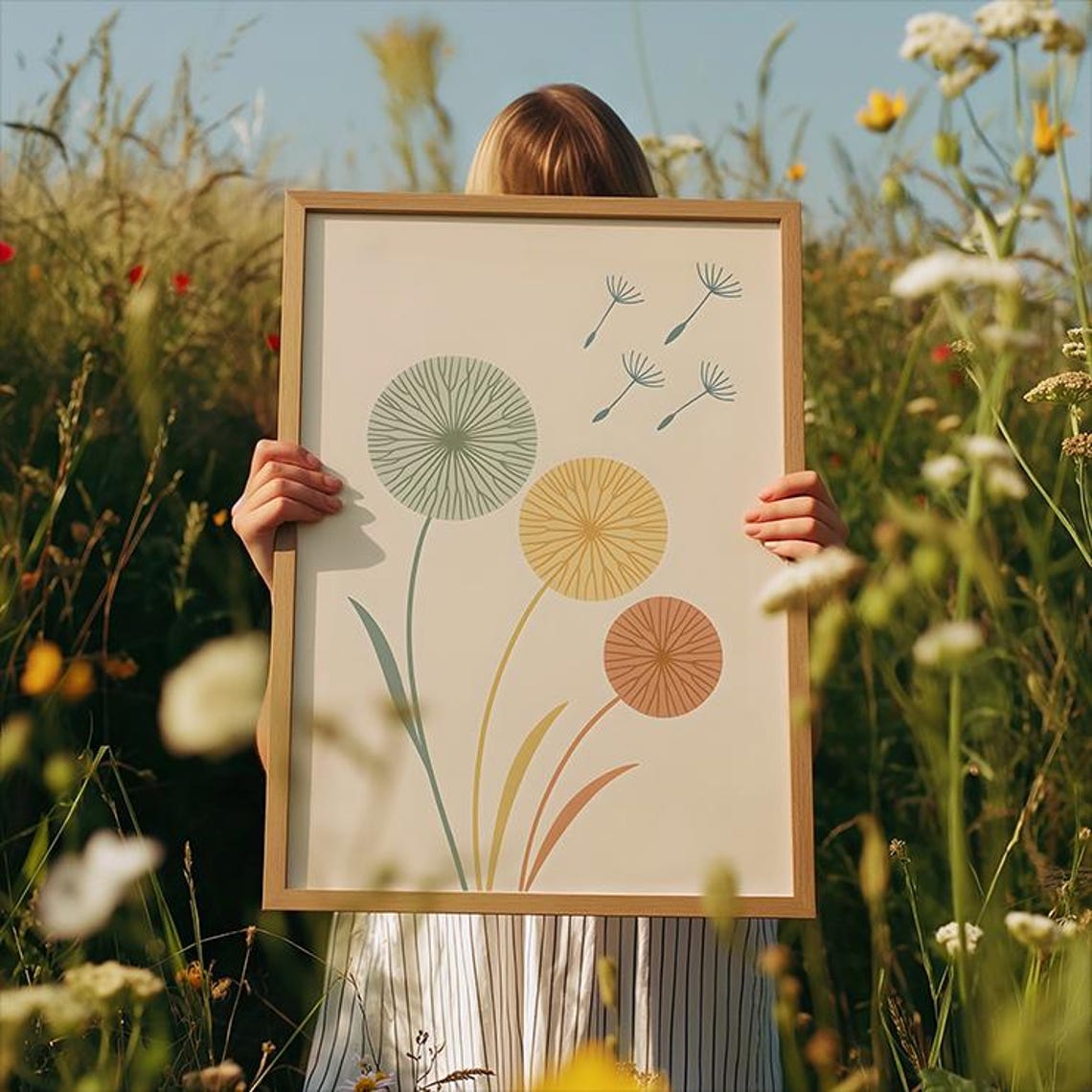 Dandelion Botanical Line Art in Sage Ochre and Terracotta Tones Poster