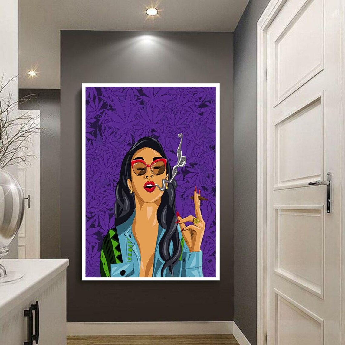 Pop Art Woman Smoking Against a Purple Cannabis Leaf Pattern Poster - Image 2