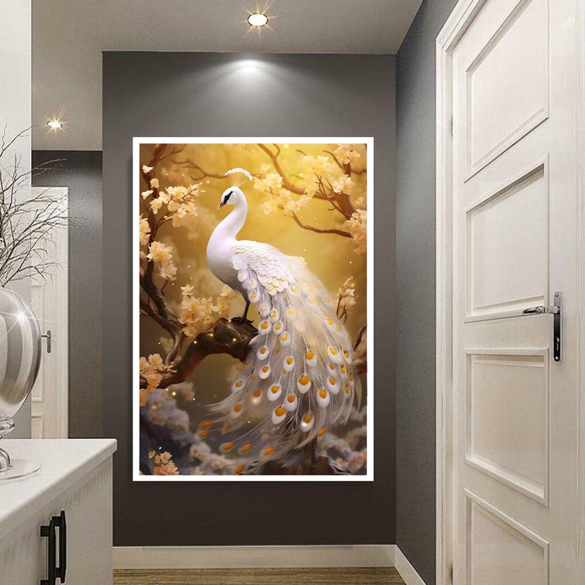 Elegant White Peacock On Golden Blossom Branch Floral Bird Poster - Image 3