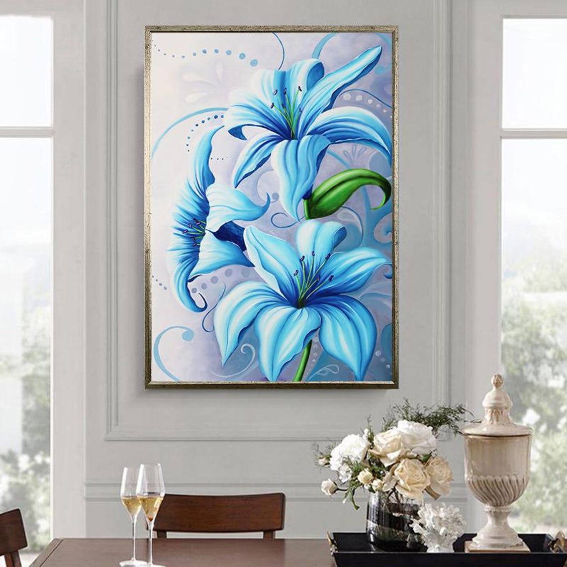 Elegant Glowing Blue Lilies Decorative Botanical Floral Art Poster - Image 3