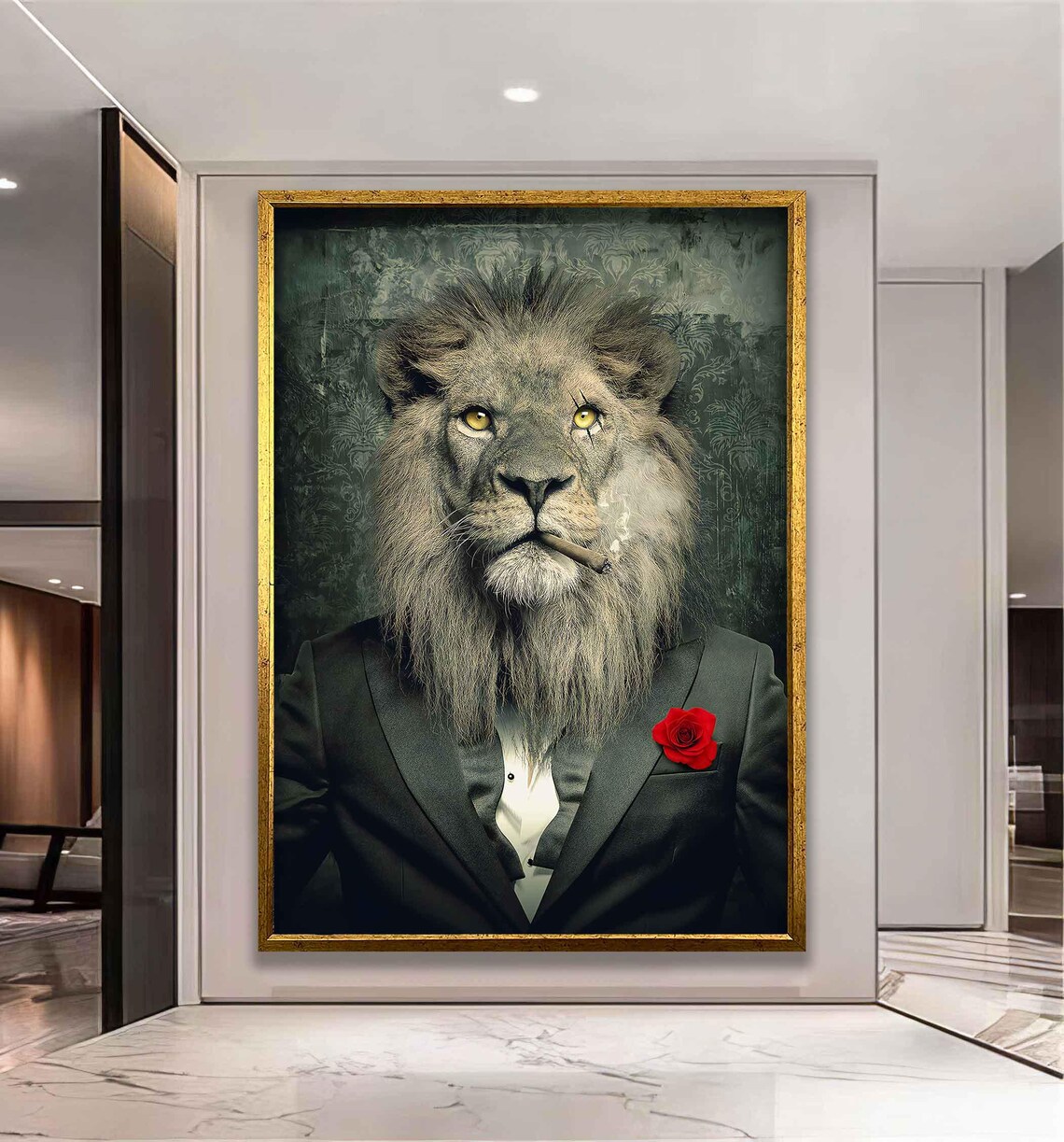 Gangster Lion In Tuxedo With Cigar Red Rose Funny Office Wall Art - Image 2