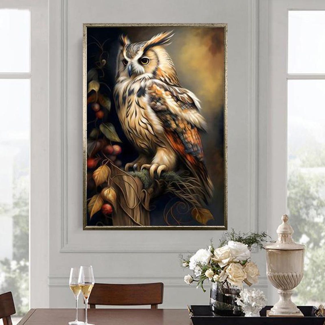 Long Eared Owl Perched Among Autumn Leaves And Berries Poster