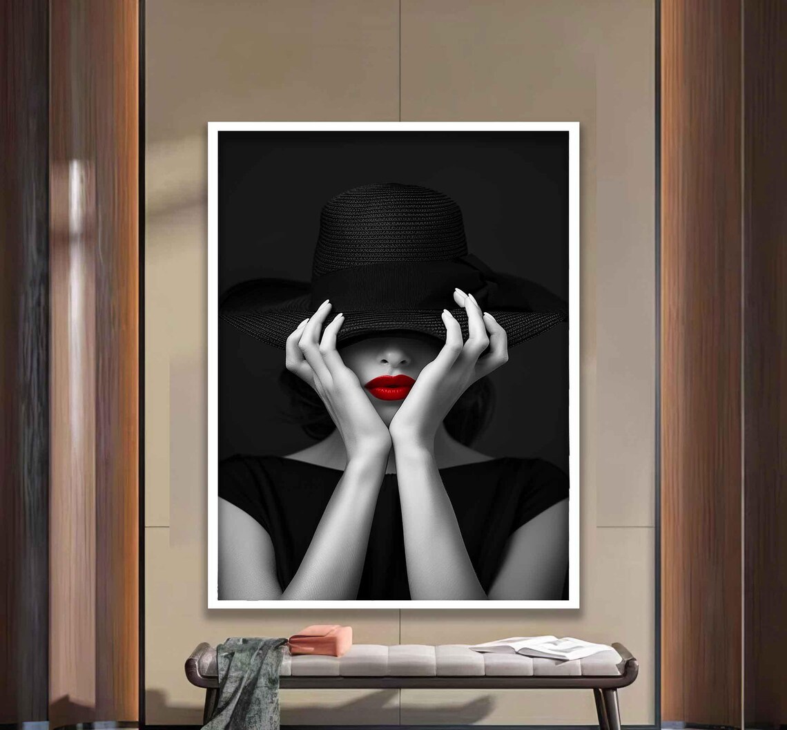 Mysterious Woman in Black Hat with Red Lips Fashion Art Poster - Image 4