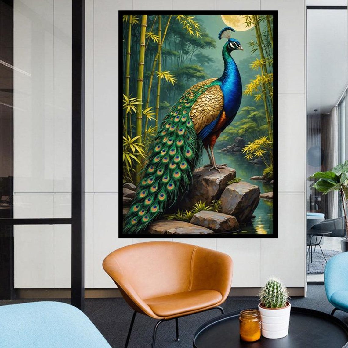 Peacock Standing On Rocks In Bamboo Forest By Moonlit Lake Poster - Image 3