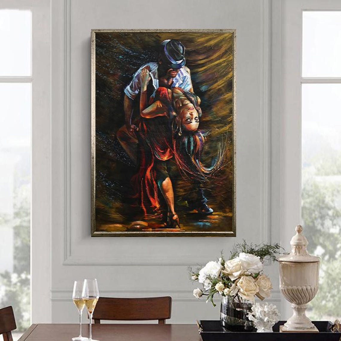 Romantic Tango Dip in Flowing Red Dress Dramatic Dance Poster