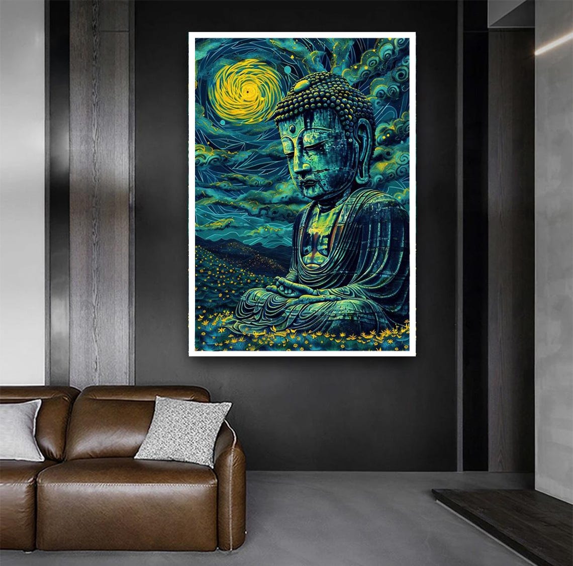 Meditating Buddha Under A Swirling Starry Moonlit Night Sky Art Poster - Image 3
