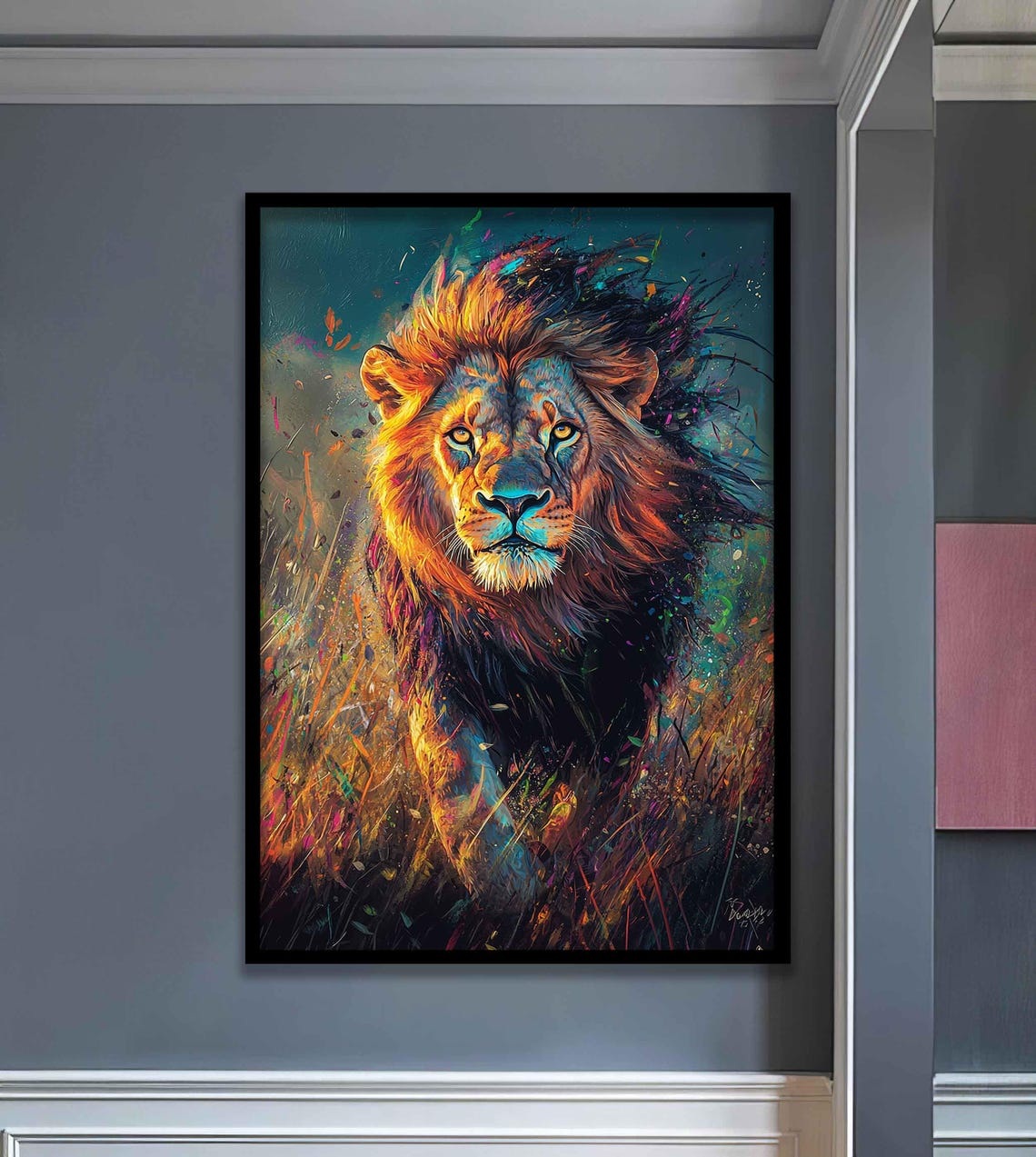 Lion Striding Through Tall Grass In Colorful Paint Splash Art Poster - Image 2