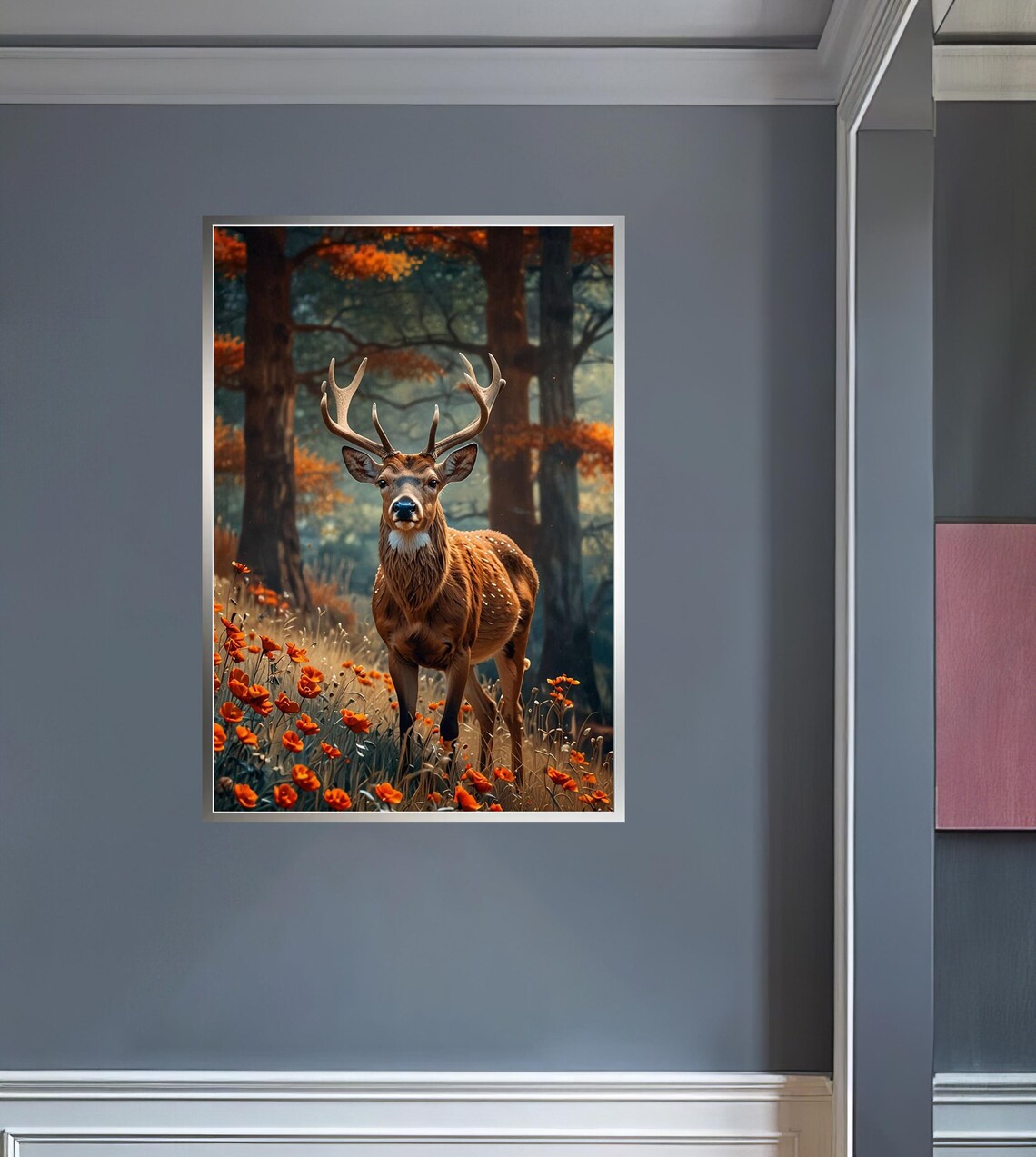 Spotted Deer Standing In Autumn Forest Meadow Poppy Flowers Poster - Image 4