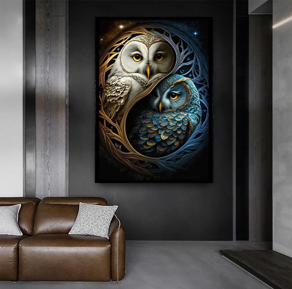 White and Blue Owls in Yin Yang Circle Mystical Wildlife Poster - Image 3