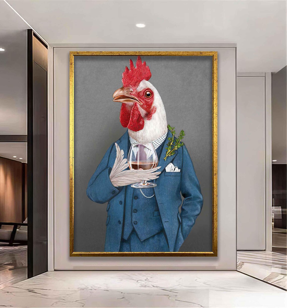 Dapper Rooster in Blue Suit Holding a Brandy Glass Portrait Poster - Image 5