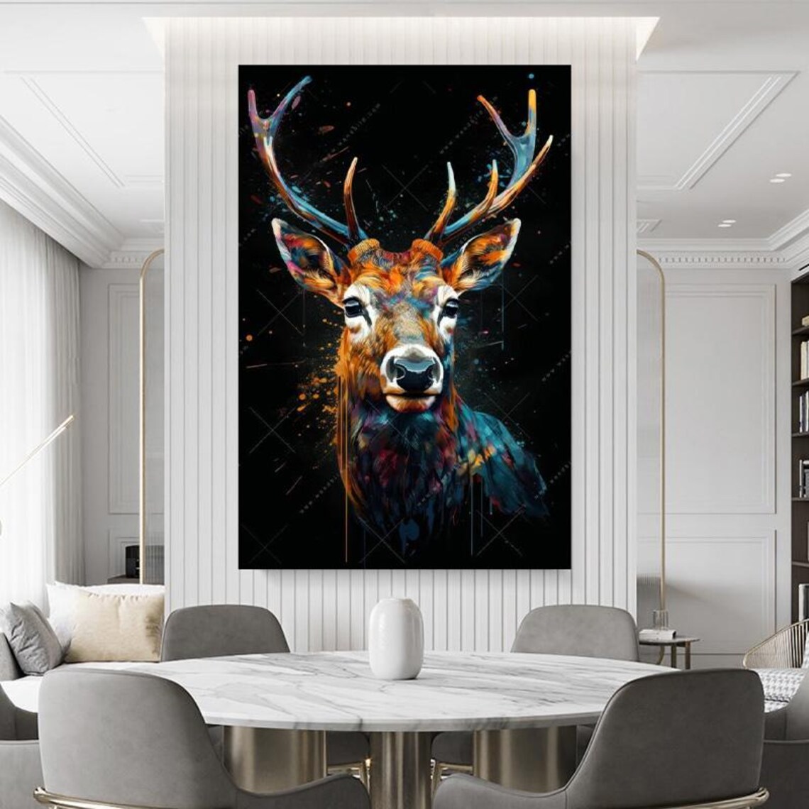 Majestic Stag With Antlers Paint Splash Art On Black Background Poster - Image 2