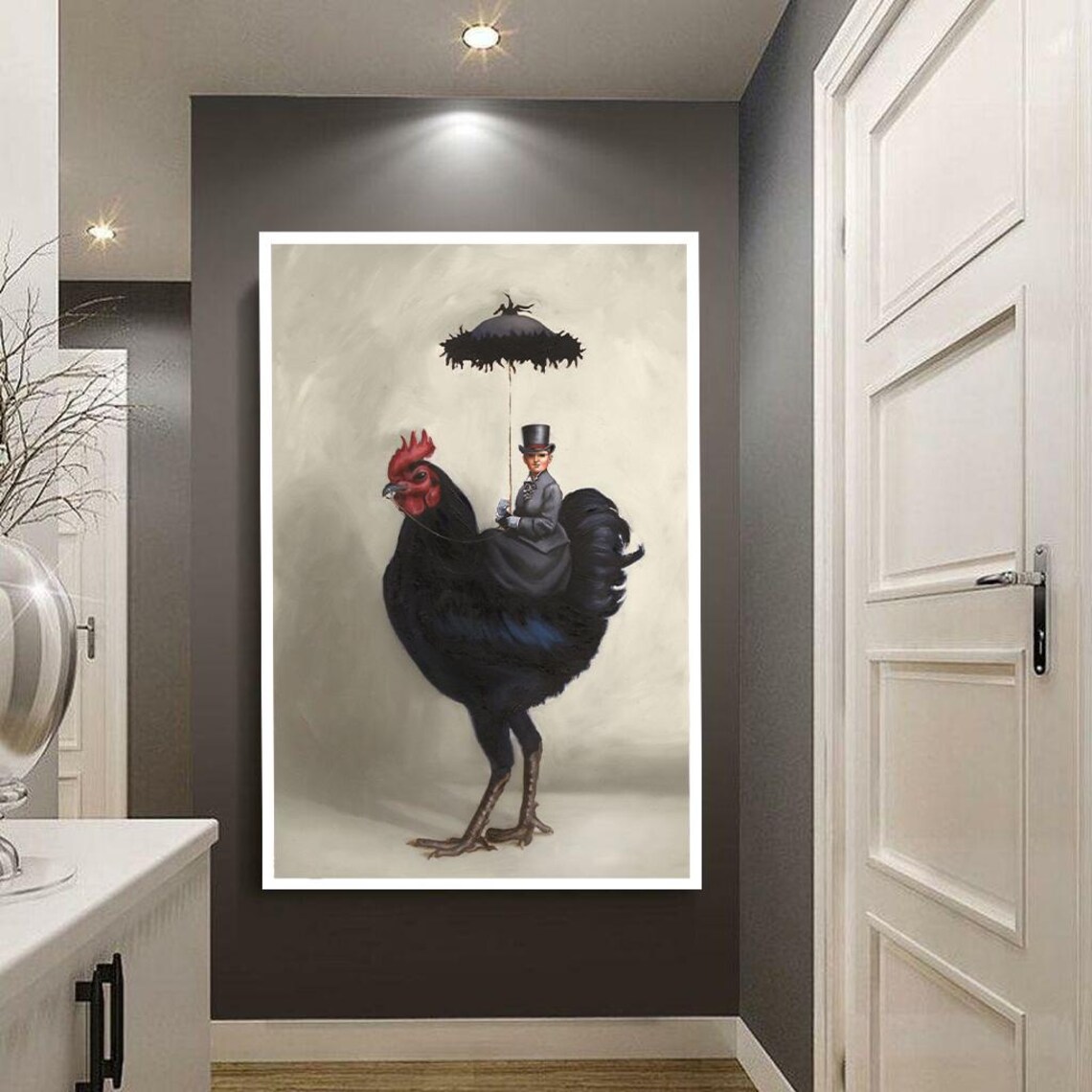 Victorian Woman Calmly Riding a Giant Black Rooster Art Poster - Image 4