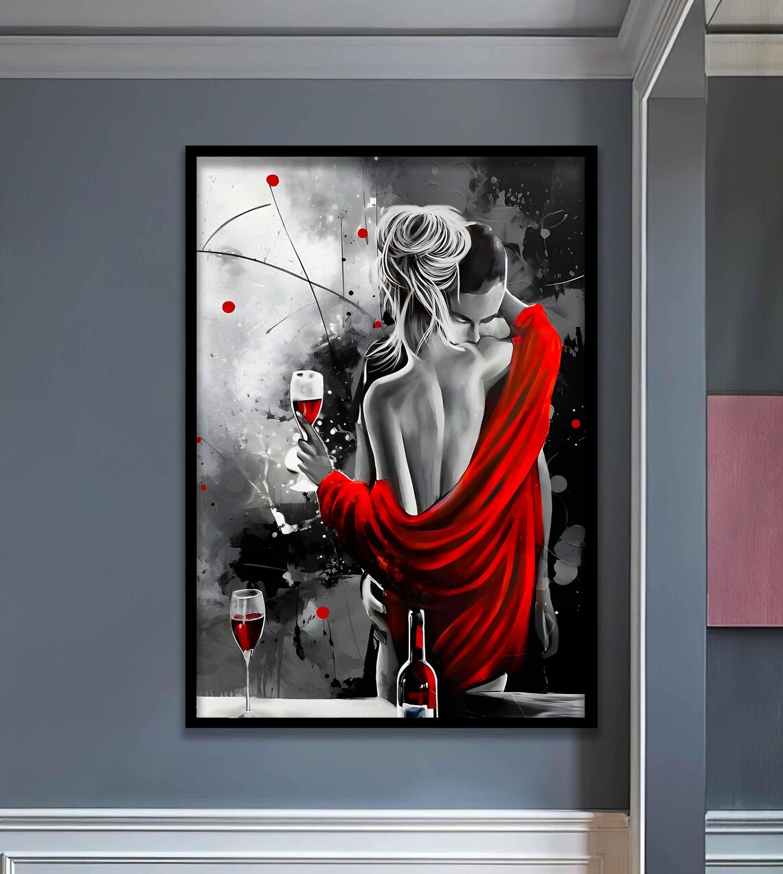 Elegant Woman With Wine Glass Draped In Flowing Red Silk Wall Art - Image 3
