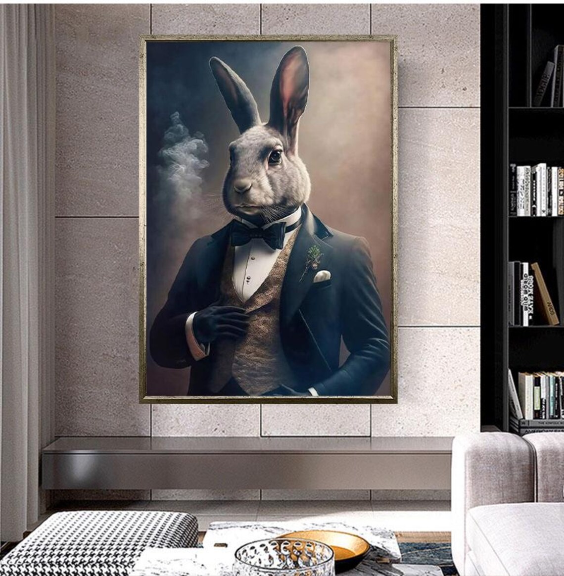 Gentleman Rabbit in Black Tuxedo Funny Animal Portrait Poster - Image 4
