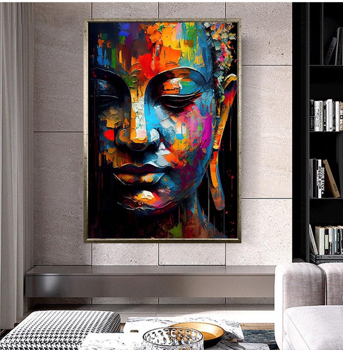 Colorful Abstract Buddha Face Modern Oil Painting Zen Decor Poster - Image 2