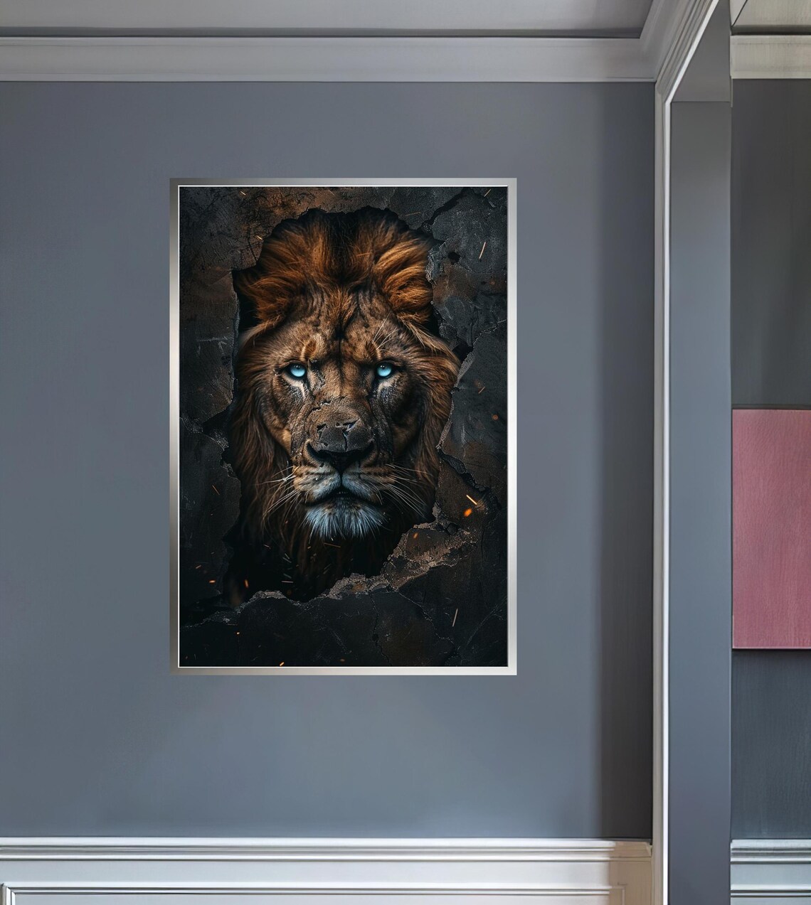 Fierce Lion Emerging Through A Cracked Wall Blue Eyes Art Poster - Image 4