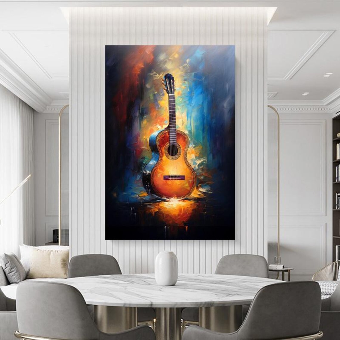 Acoustic Guitar Abstract Oil Painting Blue Orange Music Art Poster - Image 3