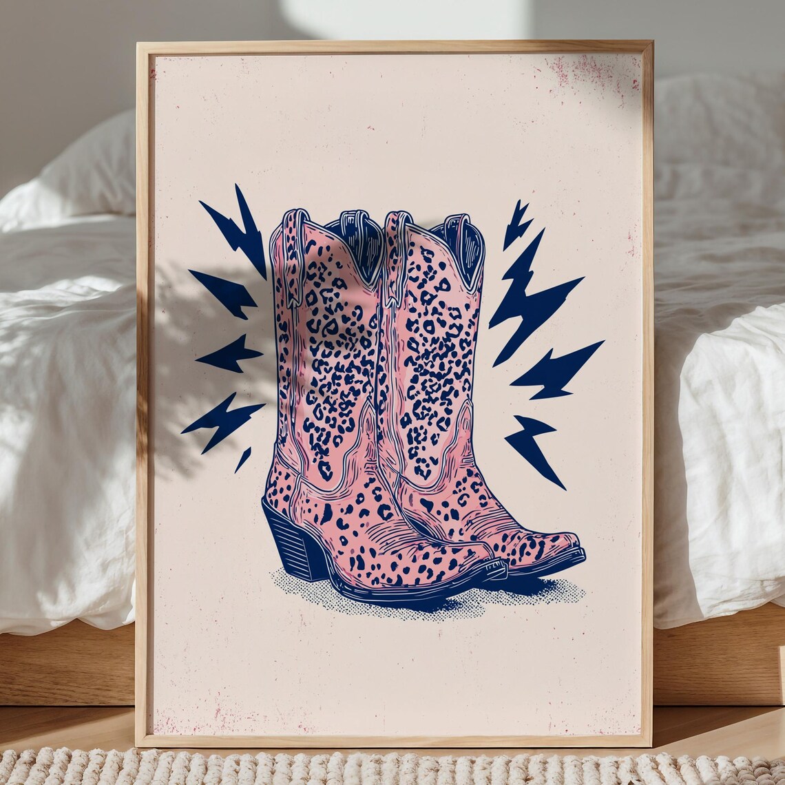 Pink Leopard Cowgirl Boots Lightning Bolt Retro Western Art Poster