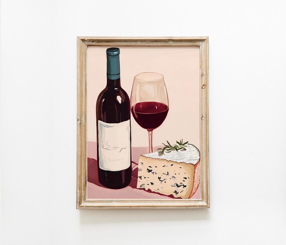 Red Wine Bottle Glass And Blue Cheese Gourmet Kitchen Still Life Poster