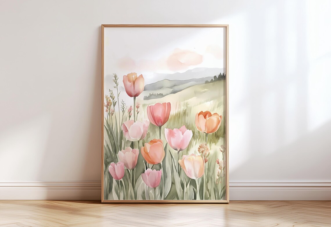 Spring Tulips Watercolor Pastel Flowers Meadow Landscape Art Print