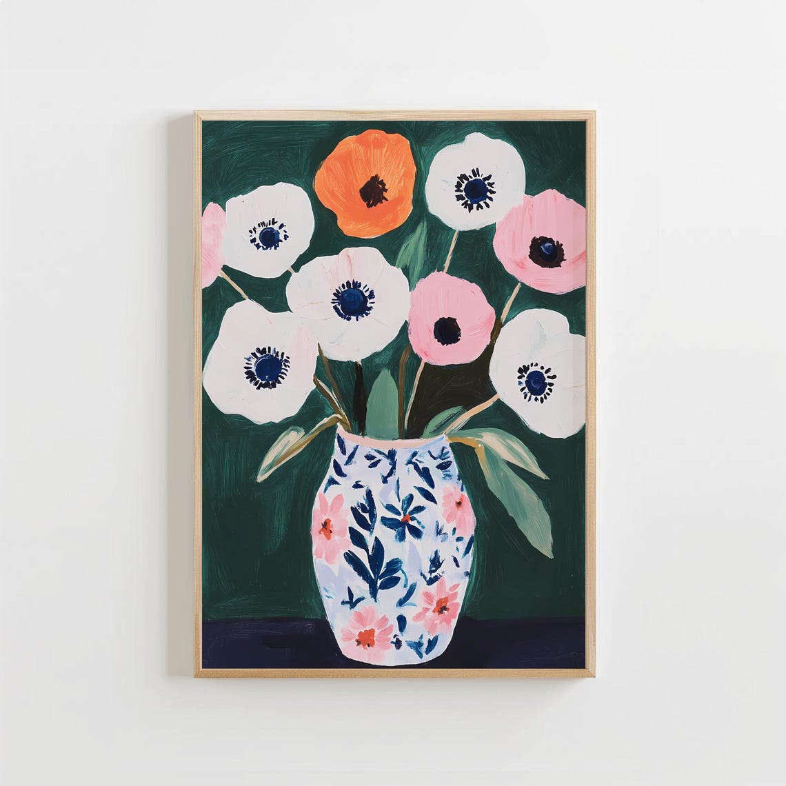 Anemone Floral Still Life Poster with Patterned Vase on Dark Green