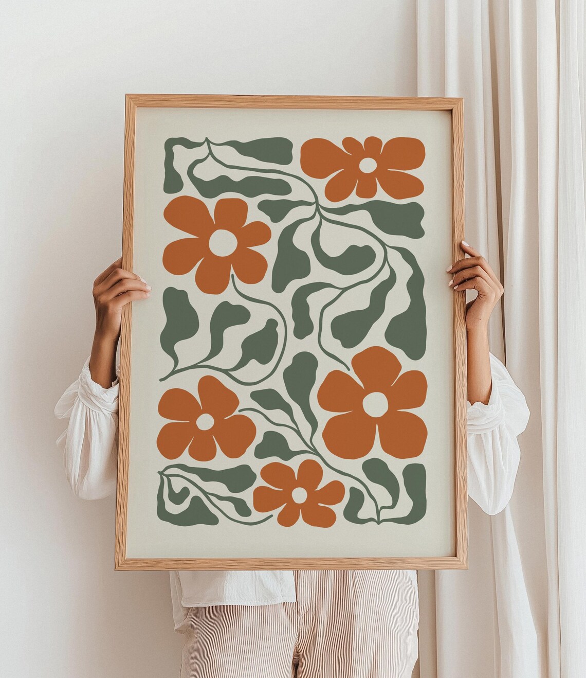 Burnt Orange Flowers Sage Green Leaves Retro Boho Botanical Art Poster