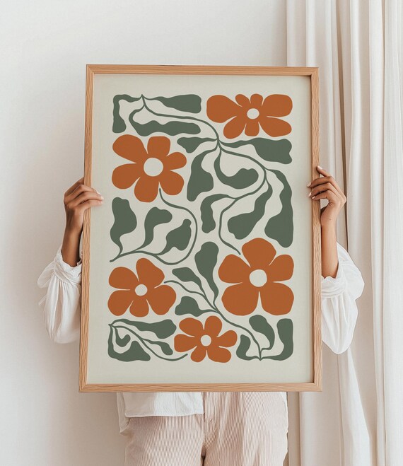 Burnt Orange Green Flower Print Boho Abstract Terracotta Floral Poster Retro Colorful Flowers Art Large Room Wall