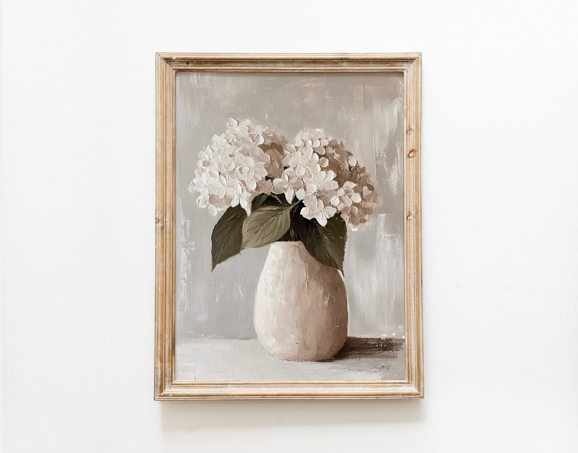 Neutral White Hydrangeas in Ceramic Vase Still Life Art Poster