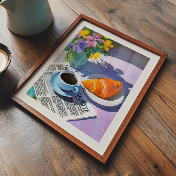 Croissant And Coffee Kitchen Art Cafe Wall Decor French Bakery Digital Download