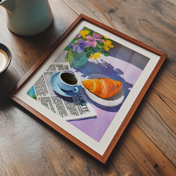 Croissant Coffee Watercolor French Bakery Morning Newspaper Poster