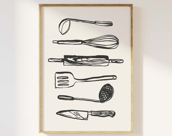 Kitchen Utensils Print Art Black Kitchen Decor Neutral Foodie Art Poster Cute Trendy Wall Art Gift For Cook