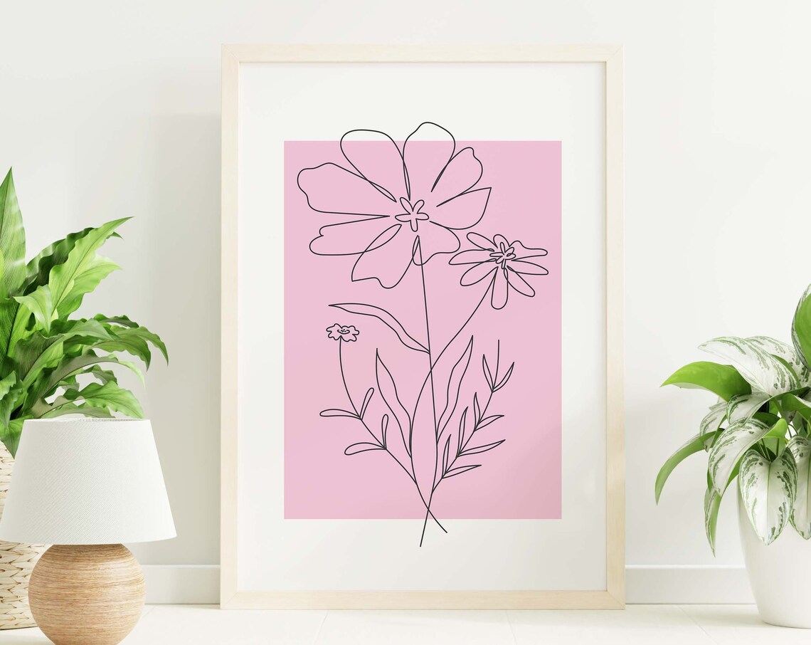 Pink Wildflower Line Art Black Minimalist Botanical Wall Poster