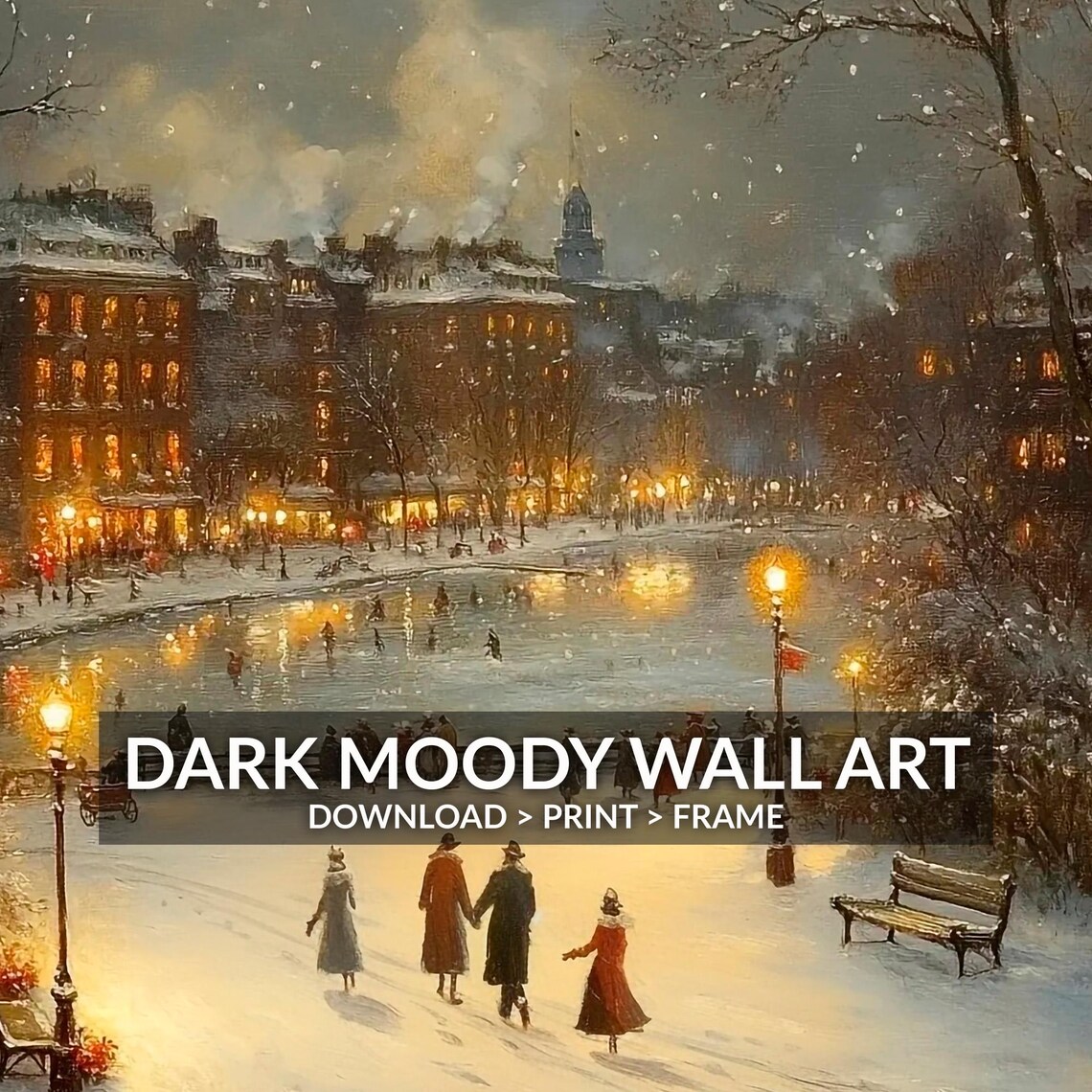 Victorian Winter Park Frozen Pond Skaters Night Glow Scene Poster - Image 6