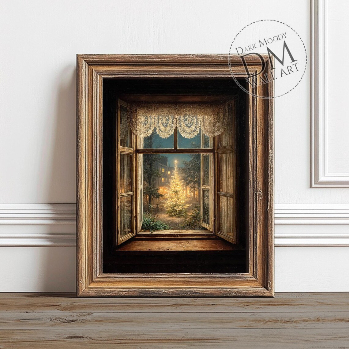 Christmas Tree Window Rustic Holiday Lights Art Print