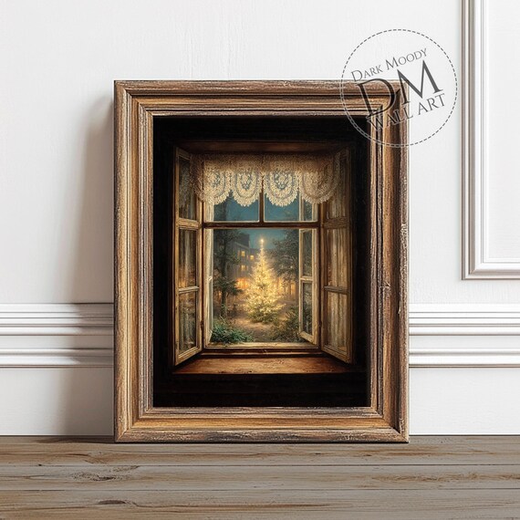 Christmas Tree Window Rustic Holiday Lights Art Print