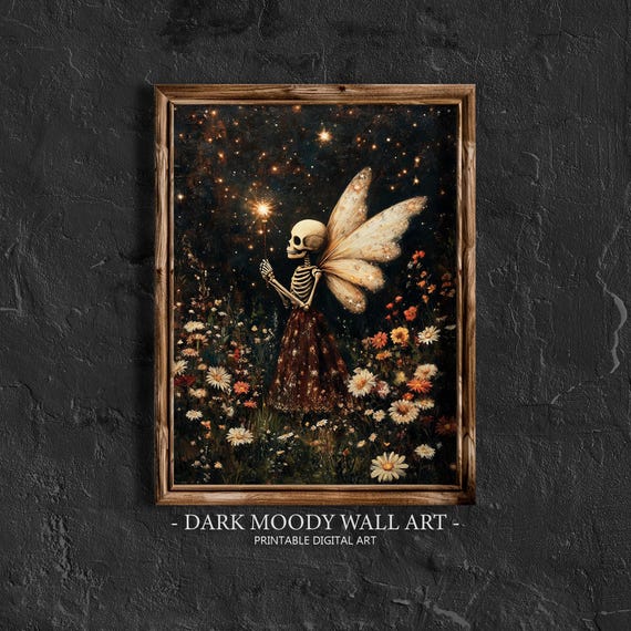 Halloween Skeleton Fairy Print Vintage Halloween Wall Art Dark Cottagecore Print Gothic Dark Academia Decor Moody Floral Art